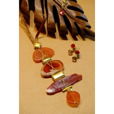 Triple Agate Necklace - Brown + Red Jade Earrings